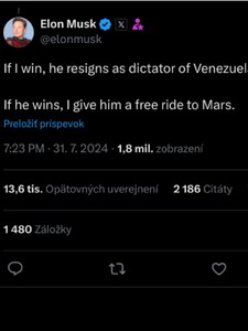 Elon Musk prijal výzvu na súboj s venezuelským prezidentom. „Ak prehrá, musí odstúpiť z funkcie diktátora Venezuely“