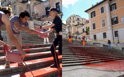 FOTO: Aktivisti poliali Španielske schody v Ríme červenou farbou. Chceli upozorniť na násilie páchané na ženách