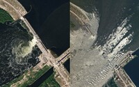 FOTO: Hrozivé porovnania ukazujú skazu, ktorú narobil výbuch Kachovskej priehrady na Ukrajine. Takto pod vodou zmizli celé dediny