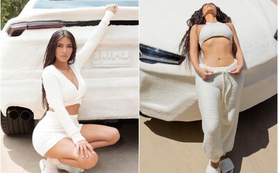 Kim Kardashian oblékla auto do stejné látky, ze které je i její nová plyšová kolekce oblečení