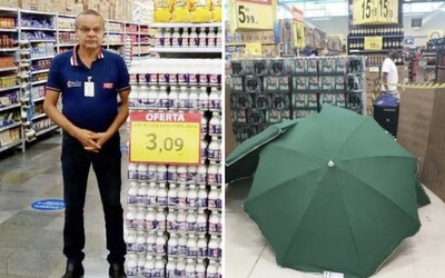 Muž zemřel přímo v obchodě. Zaměstnanci jeho tělo zakryli deštníky a plechovkami od piva, aby mohlo zůstat otevřeno