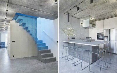 Odvážna premena mezonetového bytu v pražskom Podolí, ktorého dominantou je oceľové schodisko modrej farby