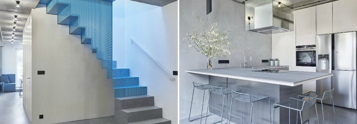 Odvážná proměna mezonetového bytu v pražském Podolí, jehož dominantou je ocelové schodiště modré barvy