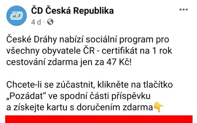 Podvodníci nabízejí roční jízdenku Českých drah za 47 korun. Buďte opatrní, vyzývá společnost