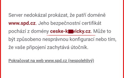 Při zadání adresy „www.spd.cz“ na šifrovaném připojení vyskočí chyba. Bezpečnostní certifikát pochází z erotické seznamky