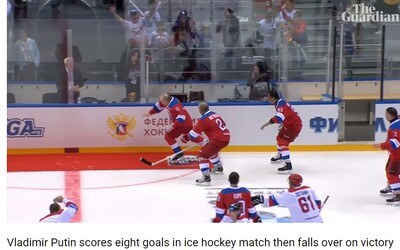 Putin sa po konci hokejového zápasu potkol a spadol. Predtým však v exhibícii nastrieľal 8 gólov