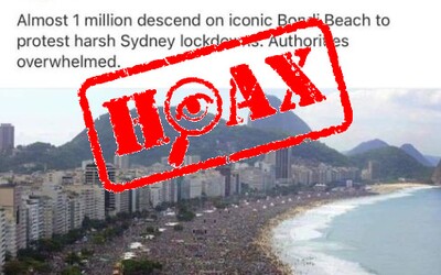 Slováci rozširujú hoax. V Austrálii neprotestuje milión ľudí proti lockdownu a na fotke je brazílska pláž, upozorňuje polícia