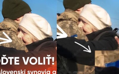 Strana HLAS vyretušovala fotku, kde ukrajinský vojak objíma mamu. Fotku použili ako emočný príspevok o „mieri“ a výzvu ísť voliť