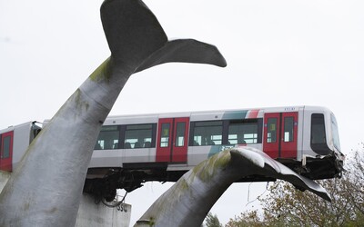 Souprava metra v Nizozemsku vyletěla z kolejnic. Zůstala viset ve vzduchu, zasekla se do sochy velrybího ocasu