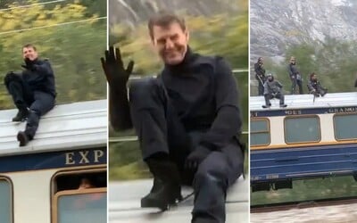 Tom Cruise natáčí šílenou akční scénu na střeše jedoucího vlaku. Nezapomíná na úsměv a mávání fanouškům v autech