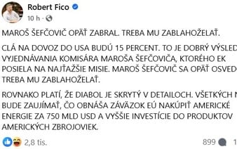 Trump potvrdil 15 % clá pre EÚ. Fico chváli Šefčoviča, hovorí o dobrom výsledku