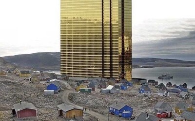 Trump se vysmívá Grónsku. Na Twitter přidal fotomontáž zlatého mrakodrapu mezi dřevěnými domky
