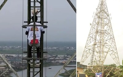 VIDEO: Z toho se ti zatočí hlava. Nigerijec vylezl na vysílač s míčem na hlavě a zapsal se tak do Guinnessovy knihy rekordů