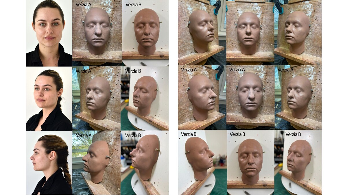 Na fotkách vidíš dve verzie modelácie nosa pre Sáru Hrčkovú. Sú to základné tvary v plastelíne, bez finálnych textúr.