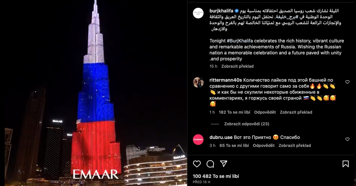 Video: Dubaj má zřejmě jasno. Nejvyšší budova světa se zbarvila do ruské trikolory