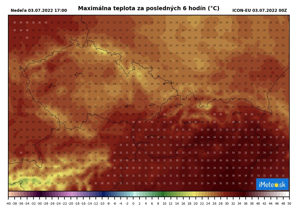 Maximálna teplota v nedeľu 3. júla.