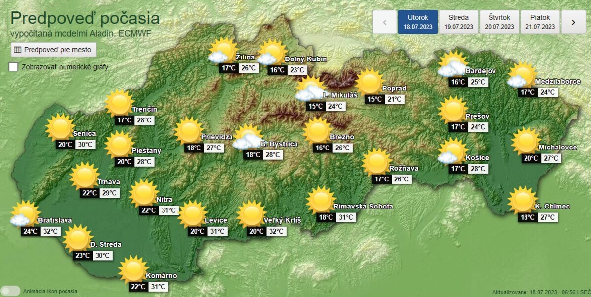 Predpoveď počasia na utorok 18. júla 2023.