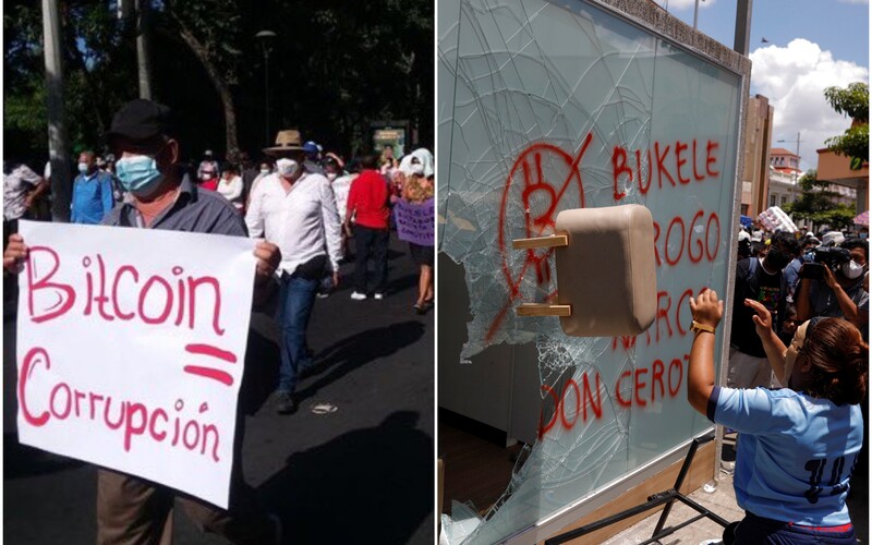 Tisíce lidí v Salvadoru protestovaly proti Bitcoinu jako oficiálnímu platidlu. Podpálily i bitcoinový bankomat.