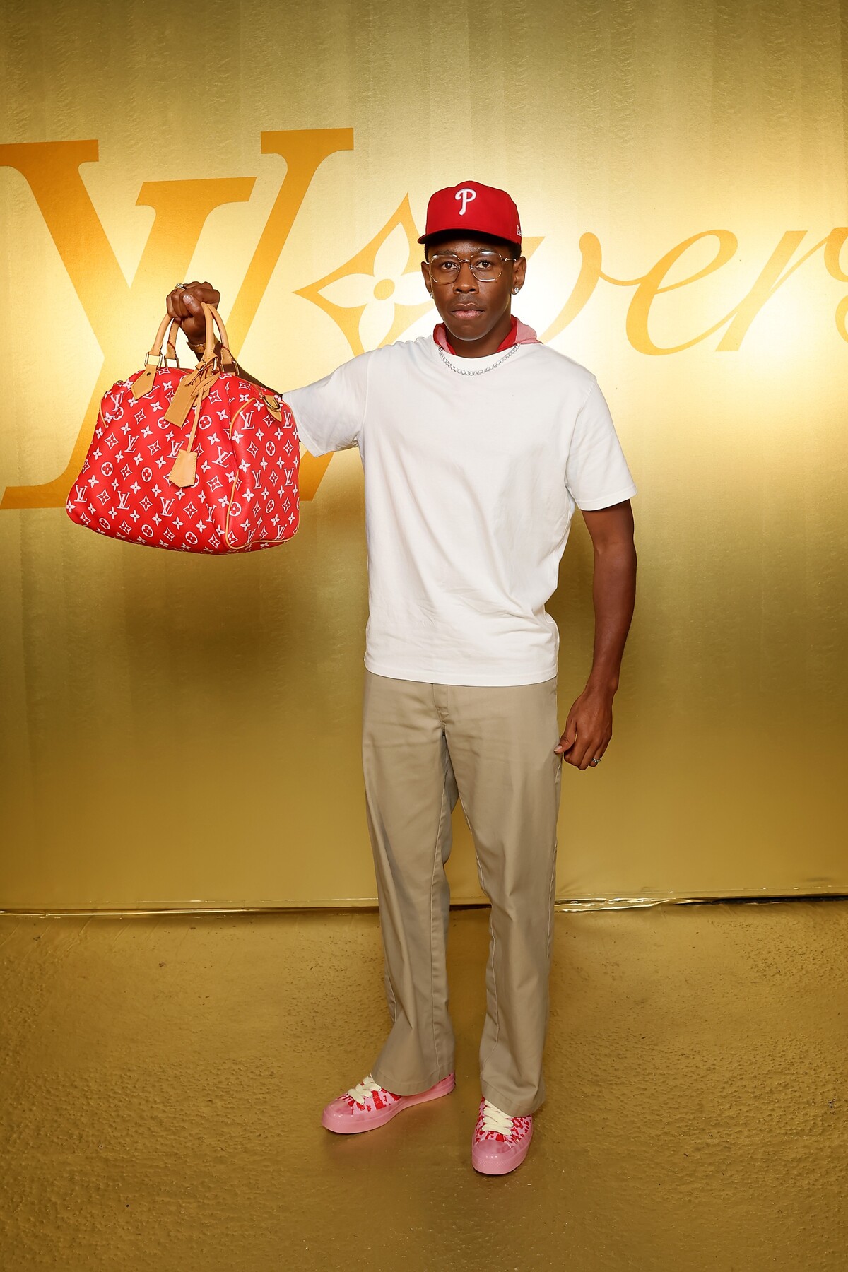 Tyler, the Creator, na prehliadke debutovej kolekcie Pharrella Williamsa pre Louis Vuitton v Paríži.