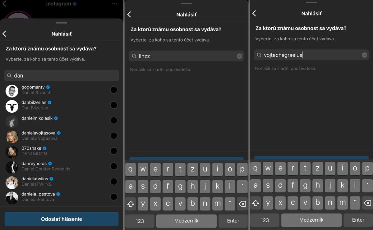 Na snímke vľavo vidno profily, ktoré sú poctivo overené Instagramom. Na snímke v strede a vpravo môžeš vidieť, že profily, ktoré si modrú fajku kúpili, sa v zozname nedajú nájsť.