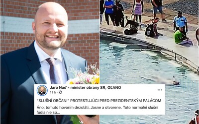 Tomuto hovorím dezoláti. Minister Jaroslav Naď ukazuje na demonštrantov a plavca vo fontáne pred palácom prezidentky.