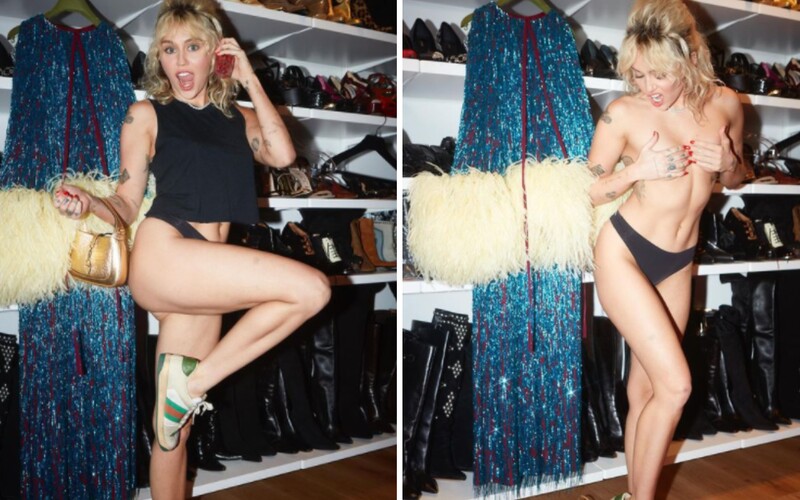 Miley Cyrus opět pózuje ve spodním prádle. Chlubí se novými teniskami Gucci.