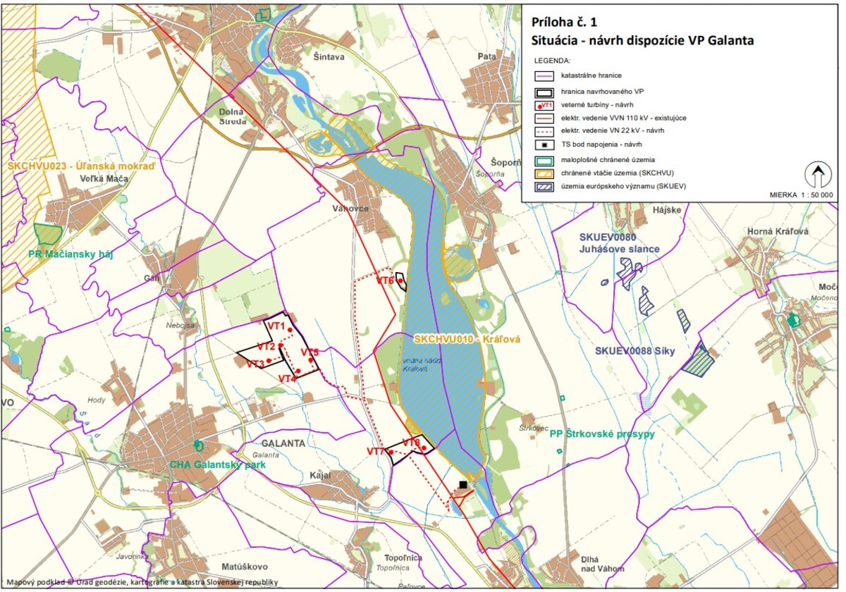 Mapa s navrhovanými lokalitami veterných turbín v okrese Galanta.