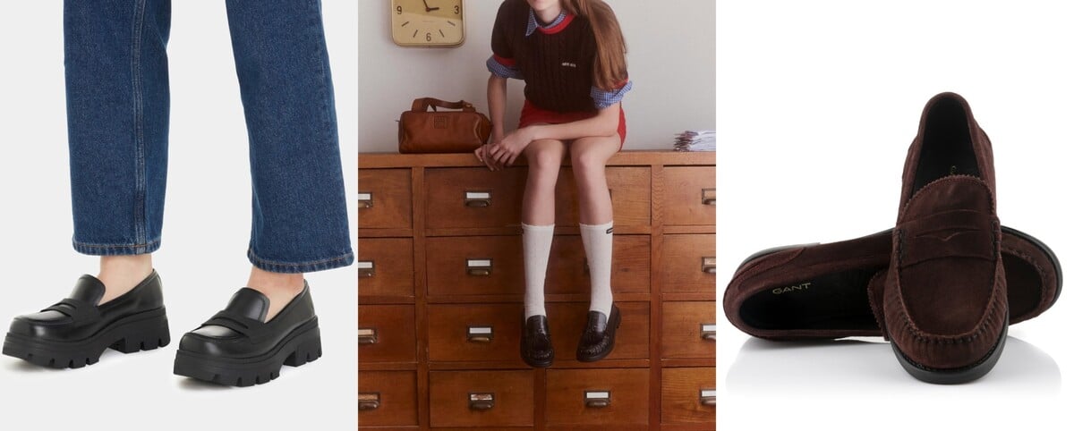 Zleva modely značek: Calvin Klein chunky combat Loafer, kampaň Miu Miu, Gant mokasíny Gracelyn Wine.