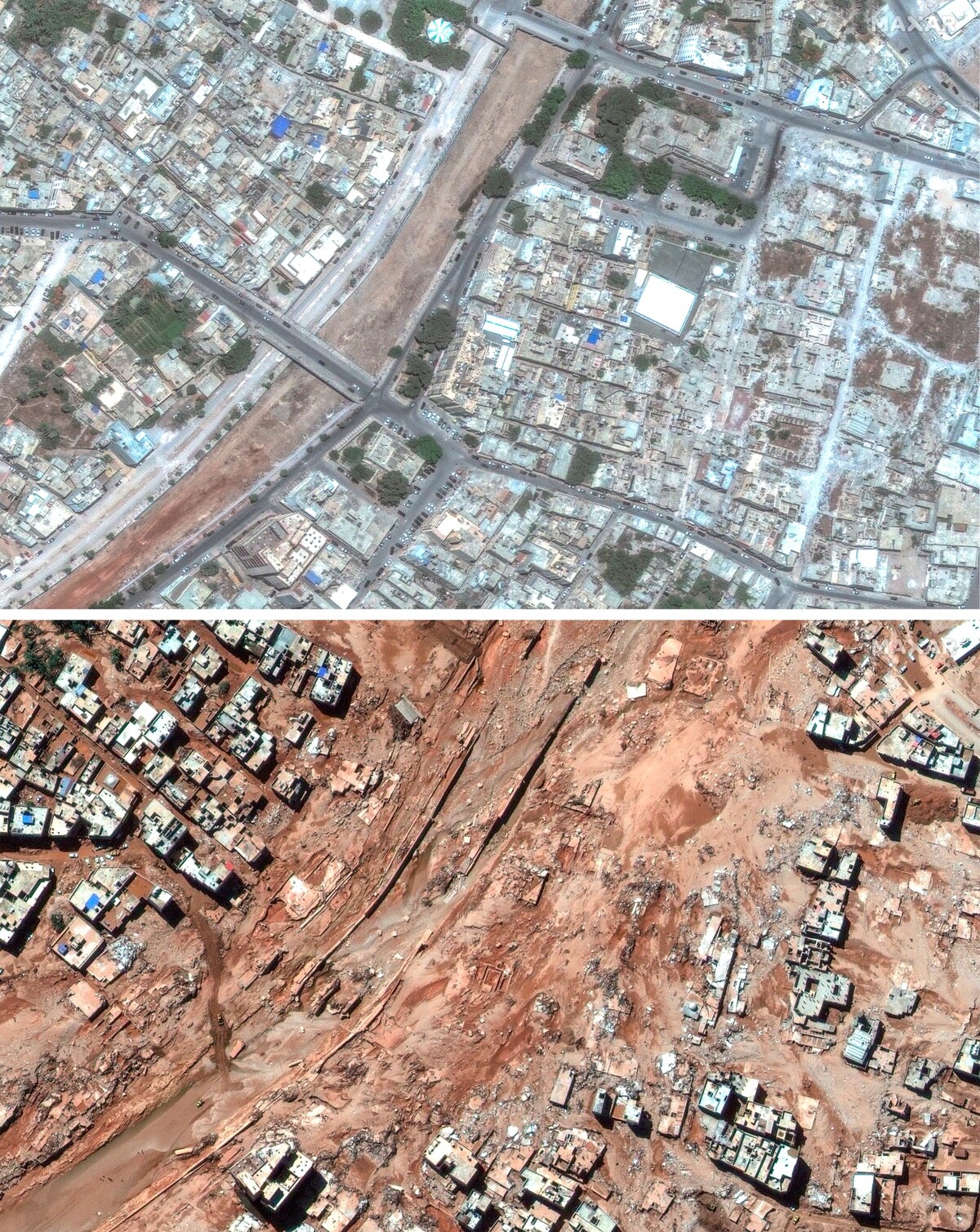 Táto kombinácia satelitných snímok od spoločnosti Maxar Technologies ukazuje štvrť Derna v Líbyi 1. júla 2023 (hore) a rovnakú oblasť poškodenú povodňami v stredu 13. septembra 2023.