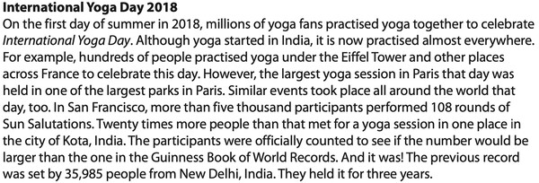 Na základě přiloženého textu vyber jednu správnou odpověď na otázku: Where did the largest yoga session in the world take place in 2018?