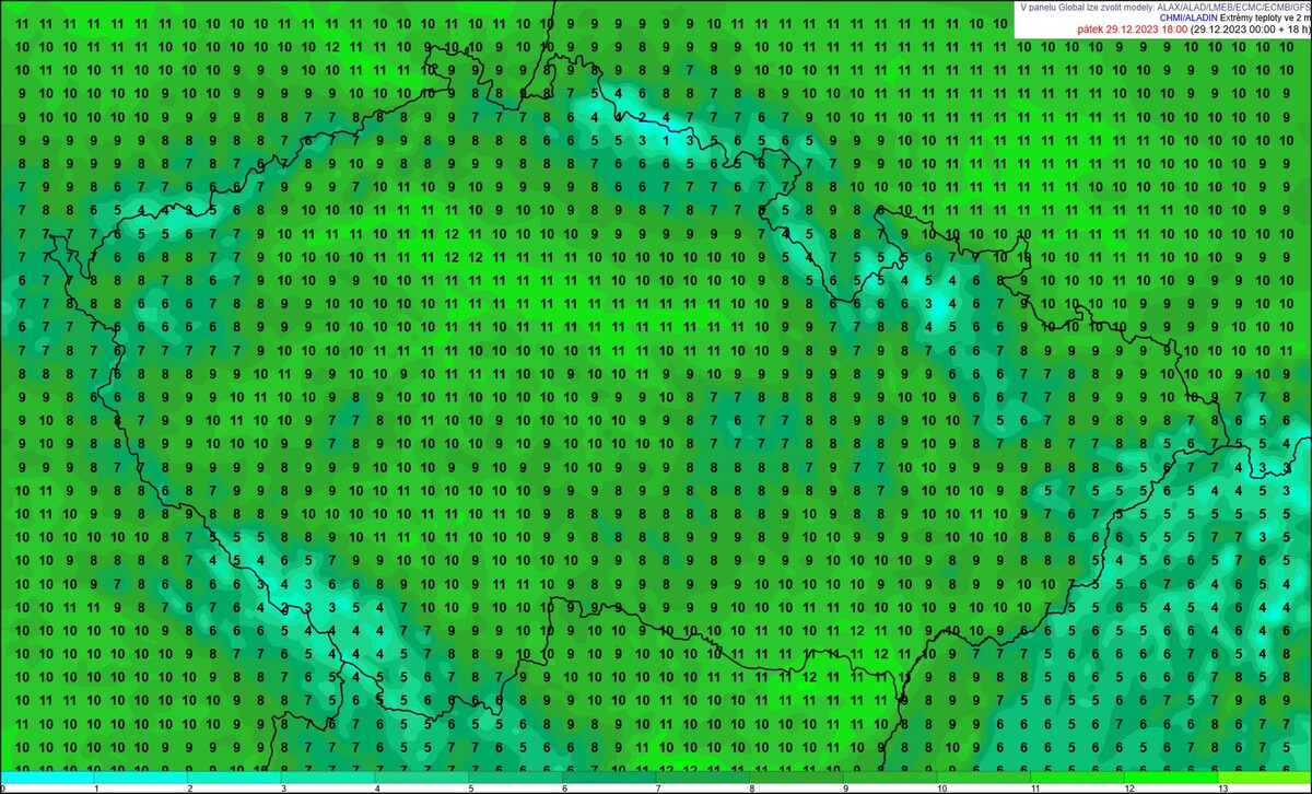 Mapa teplot Česka na pátek 29. 12.