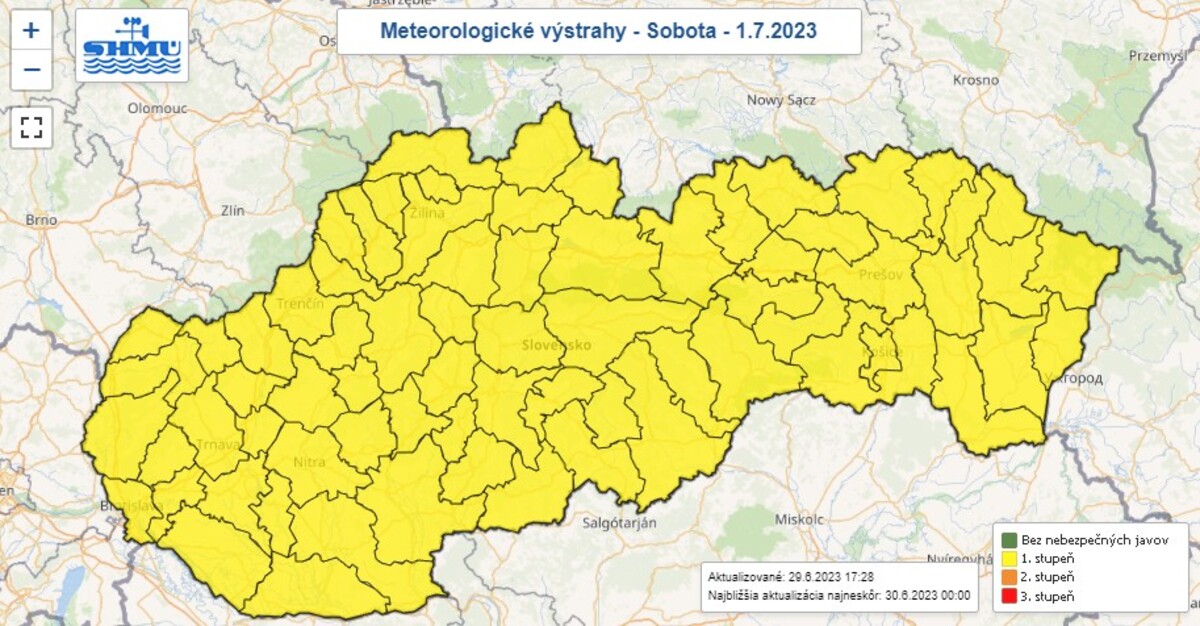 Mapa výstrah na sobotu 1. júla 2023.