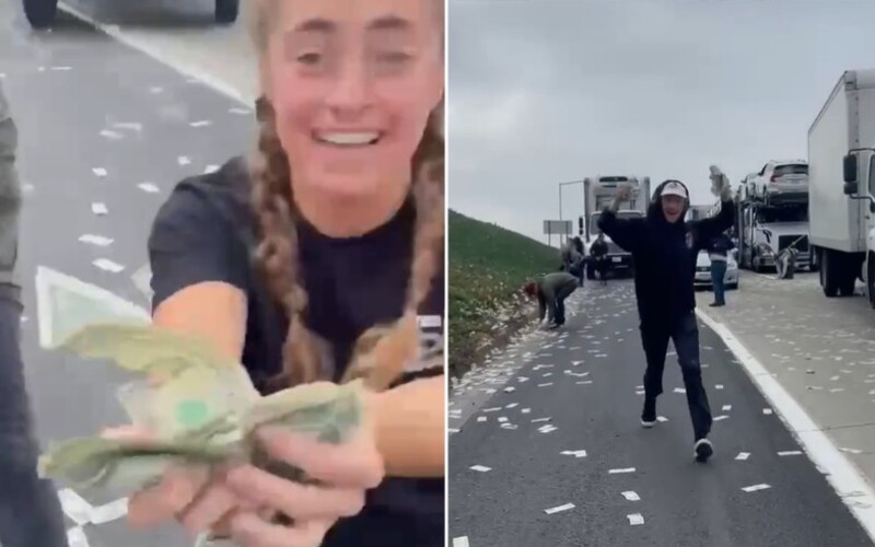 VIDEO: Z obrneného vozidla vypadli na cestu tisícky bankoviek. Influencerka natočila, ako šoféri rýchlo peniaze zbierali.