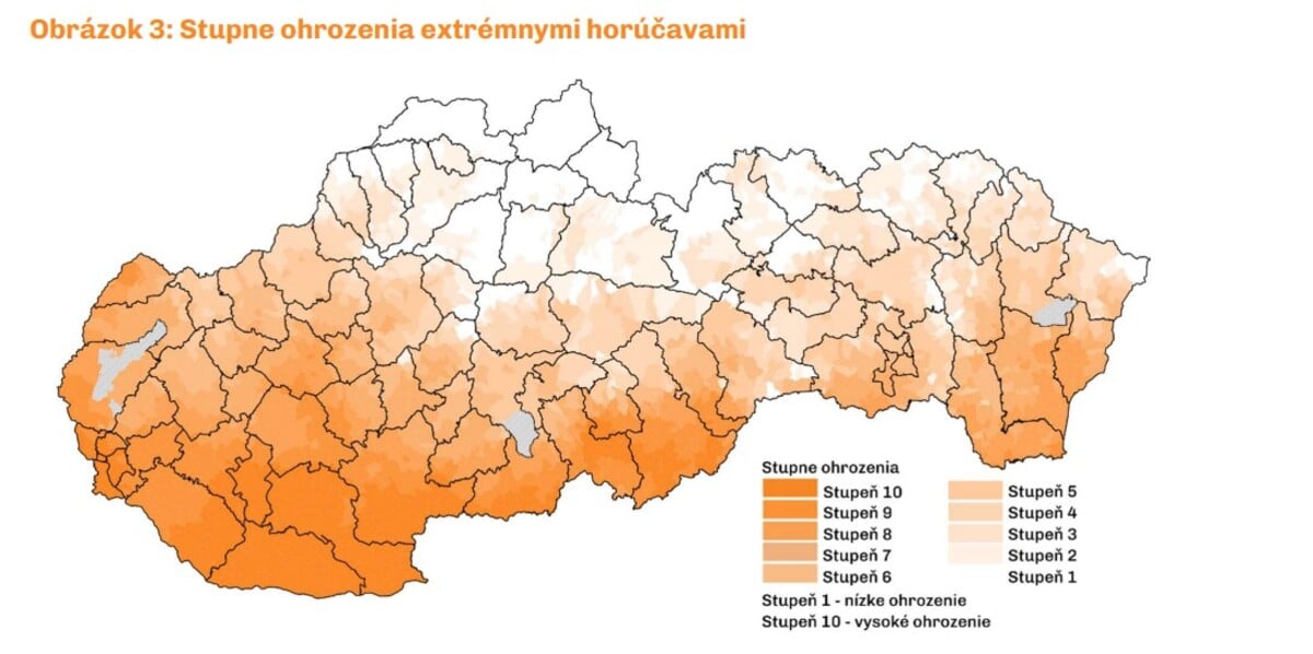 Mapa Slovenska s najhrozenejšími oblasťami.