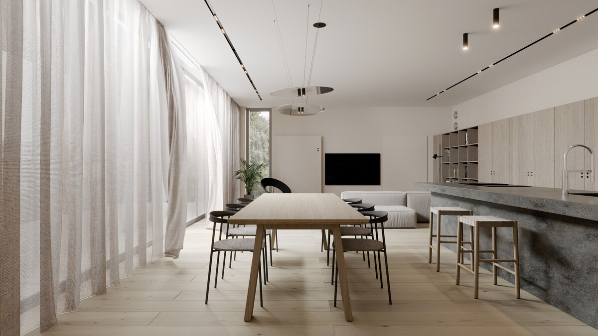 Návrh interiéru rodinného domu G + E v minimalistickom štýle.