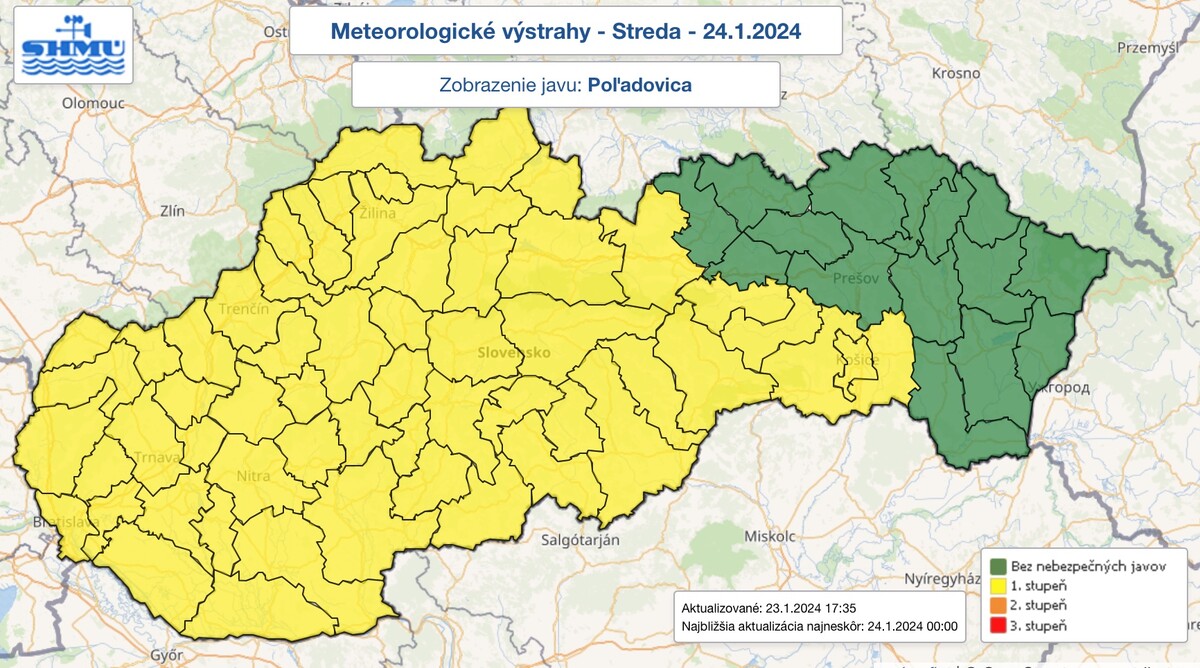 Výstraha 1. stupňa pred poľadovicou. 