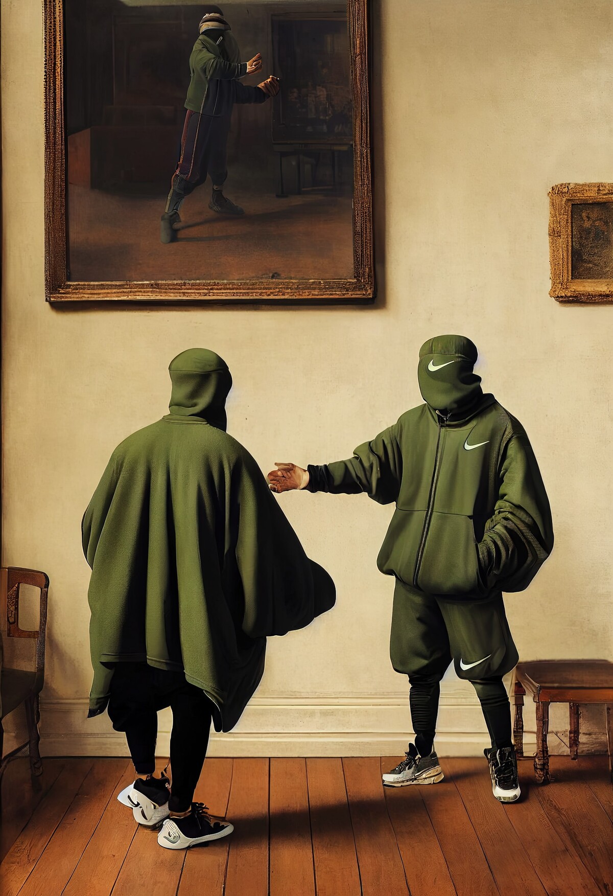 Postavy pózujú v galérii, na sebe majú oblečenie značky Nike. Majú pri tom zakrytú tvár.
