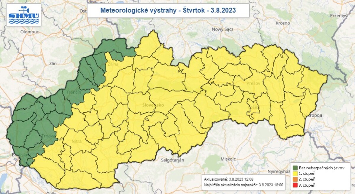 Mapa výstrah na štvrtok 3. augusta 2023.