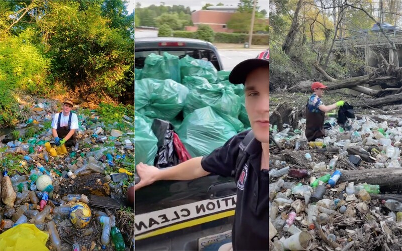Tiktoker Daniel Toben uklízí znečištěnou přírodu. Ze zátoky plné plastových lahví odnesl desítky pytlů s odpadem.
