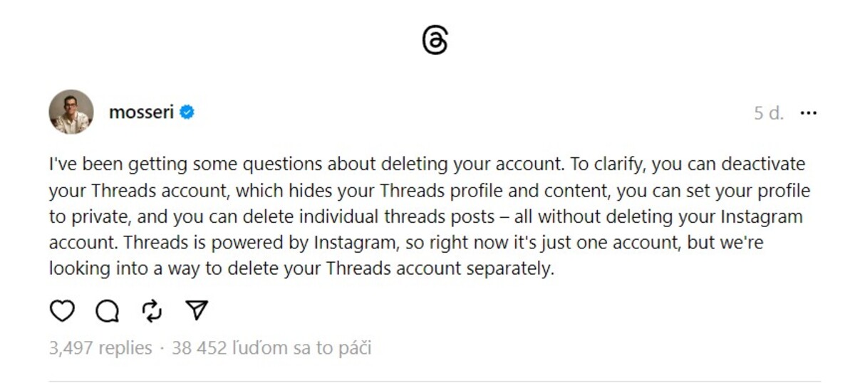Adam Mosseri na sociálnej sieti Threads vysvetľuje, ako môžeš svoj profil deaktivovať a zároveň neprísť o Instagram.