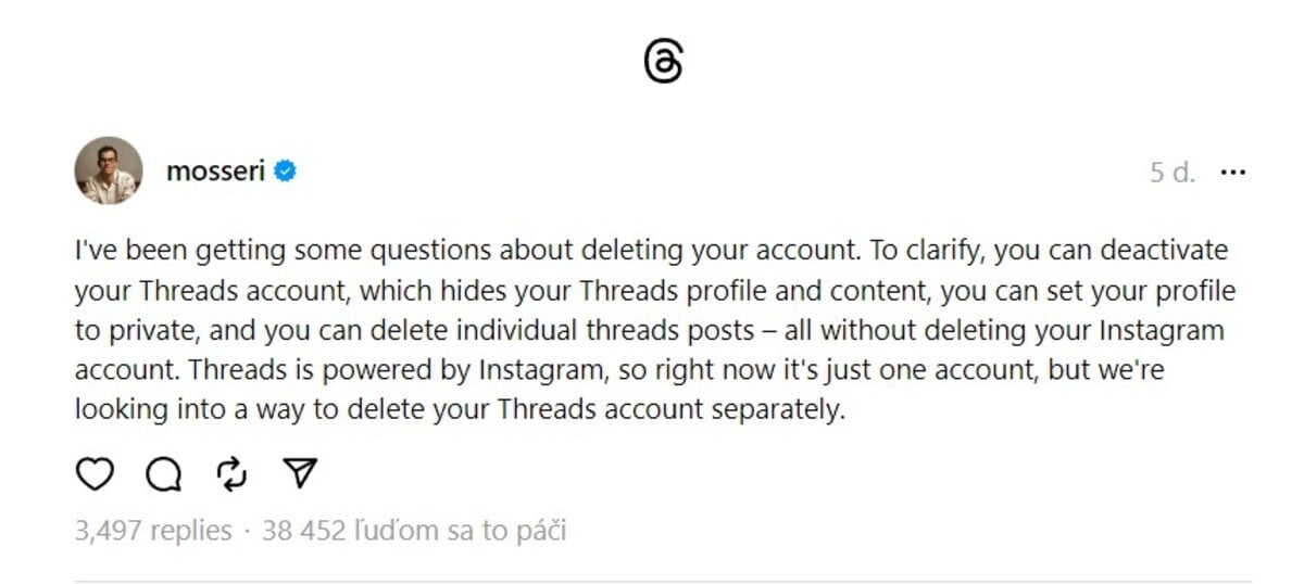 Adam Mosseri na sociálnej sieti Threads vysvetľuje, ako môžeš svoj profil deaktivovať a zároveň neprísť o Instagram.
