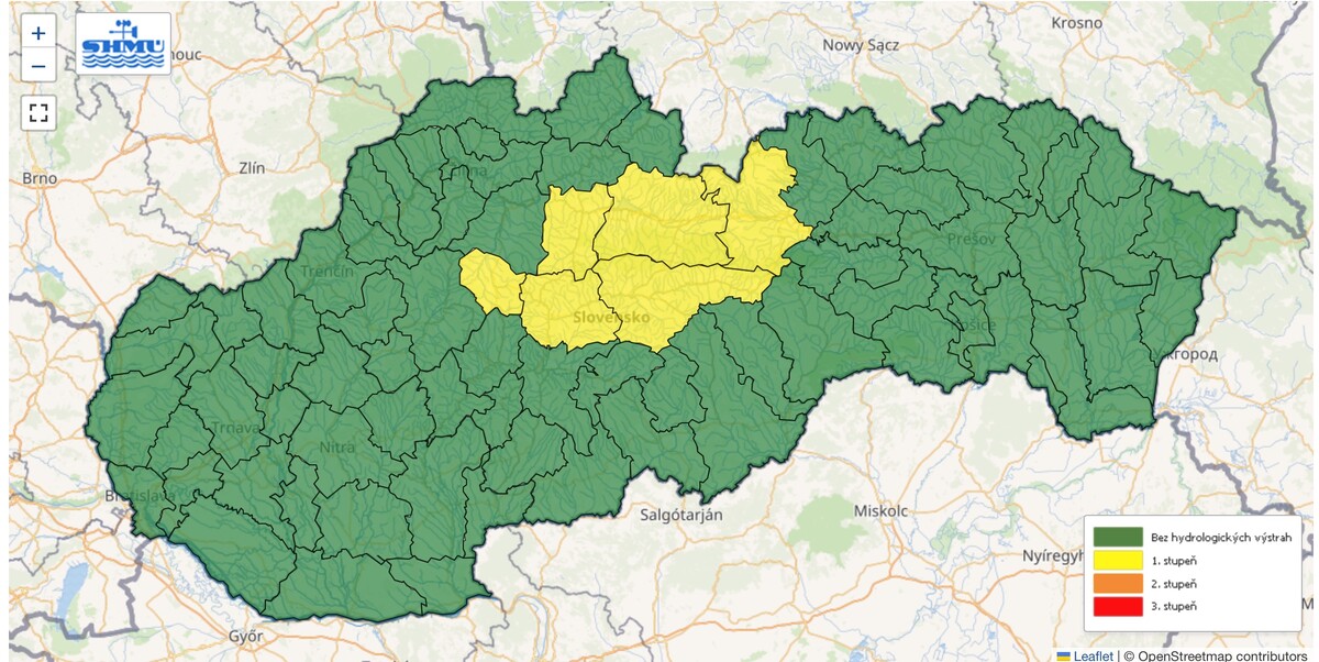 Hydrologické výstrahy 1. stupňa pred prívalovými povodňami. 
