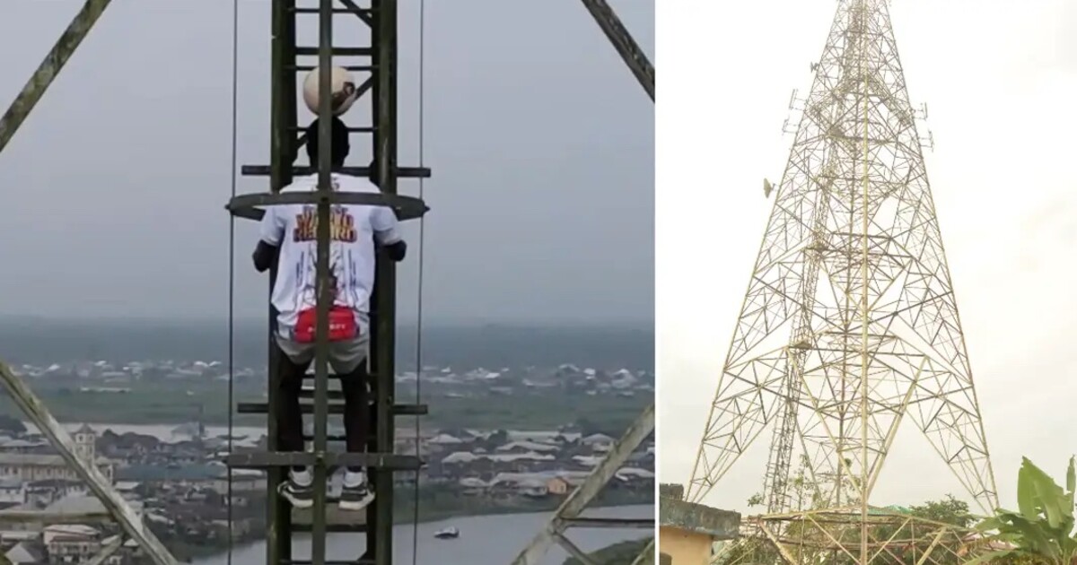 VIDEO: Z toho se ti zatočí hlava. Nigerijec vylezl na vysílač s míčem na hlavě a zapsal se tak do Guinnessovy knihy rekordů