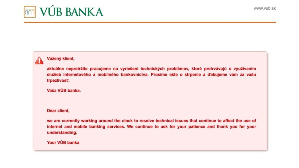 VUB banka vypadok