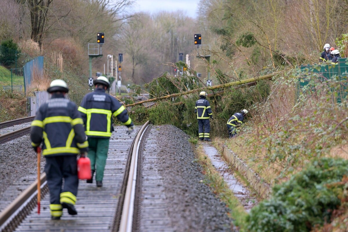 Búrka Zeynep zasiahla aj Nemecko. Na fotke hasiči odstraňujú padnuté stromy na železniciach v Hamburgu.