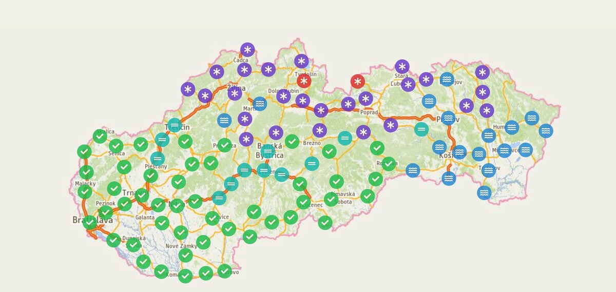 Mapa dopravnej situácie na Slovensku. 