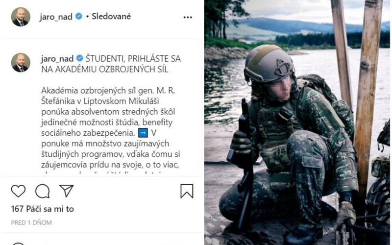 Minister Naď na Instagrame verbuje študentov na vysokú školu s mesačným platom takmer 500 €.