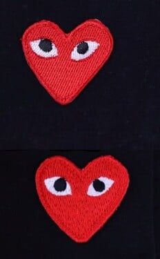 Ktoré z dvoch príkladov ikonického červeného&nbsp;srdiečka&nbsp;s očami charakteristického pre značku Comme des Garçons je fejk?