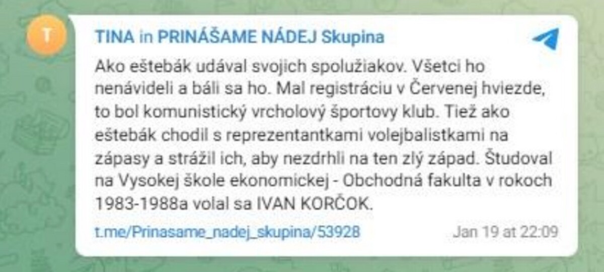 Screenshot príspevku telegramového účtu Tina z 19. januára 2024.