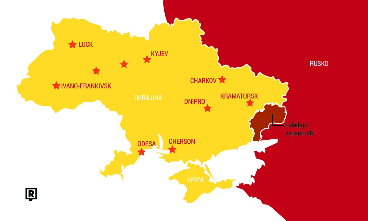 Mapa Ukrajiny s aktuálne hlásenými konfliktmi.